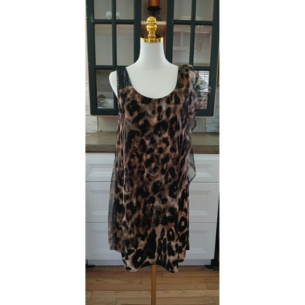 Dressbarn Collection Women's Size 12 Leopard Dress Sheer Flowy Silky Made in USA